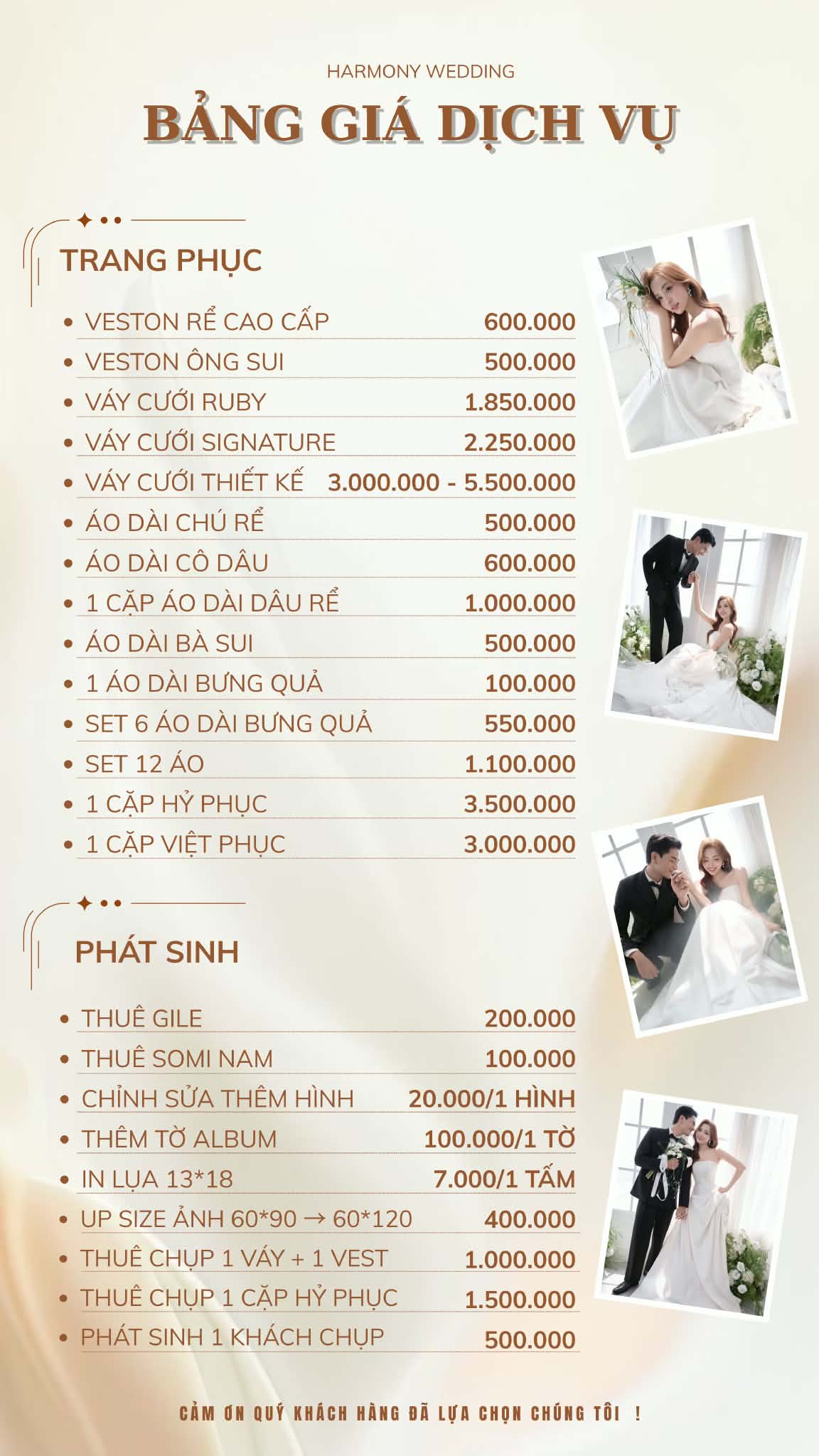 Bảng giá thuê váy cưới, veston, áo dài cưới và phụ phí dịch vụ