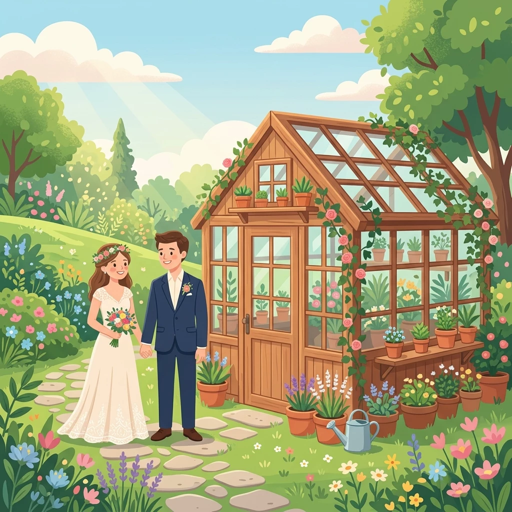 Cặp đôi đứng bên nhà kính bằng gỗ tại An Garden
