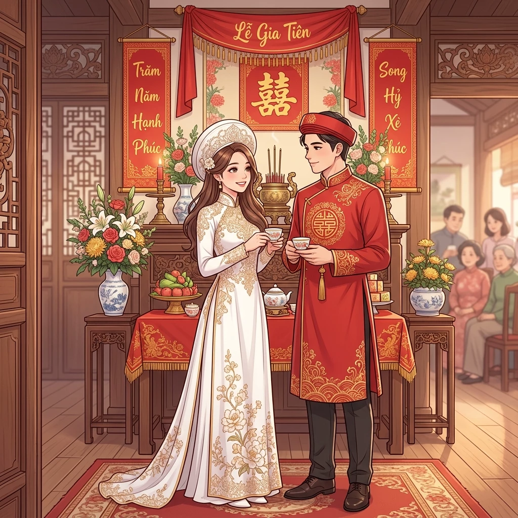 Cô dâu chú rể dâng trà kính tổ tiên trong trang phục áo dài truyền thống