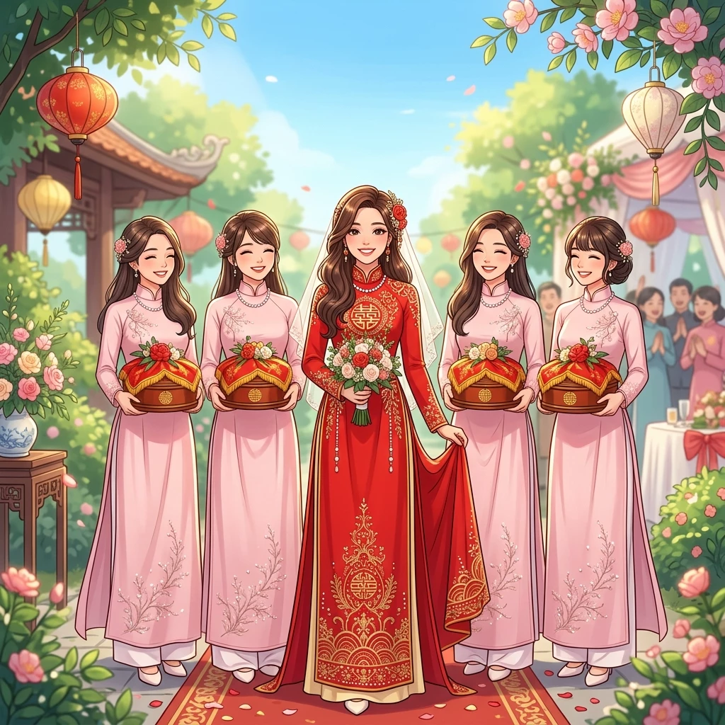 Cô dâu và dàn dâu phụ xinh đẹp trong ngày rước dâu