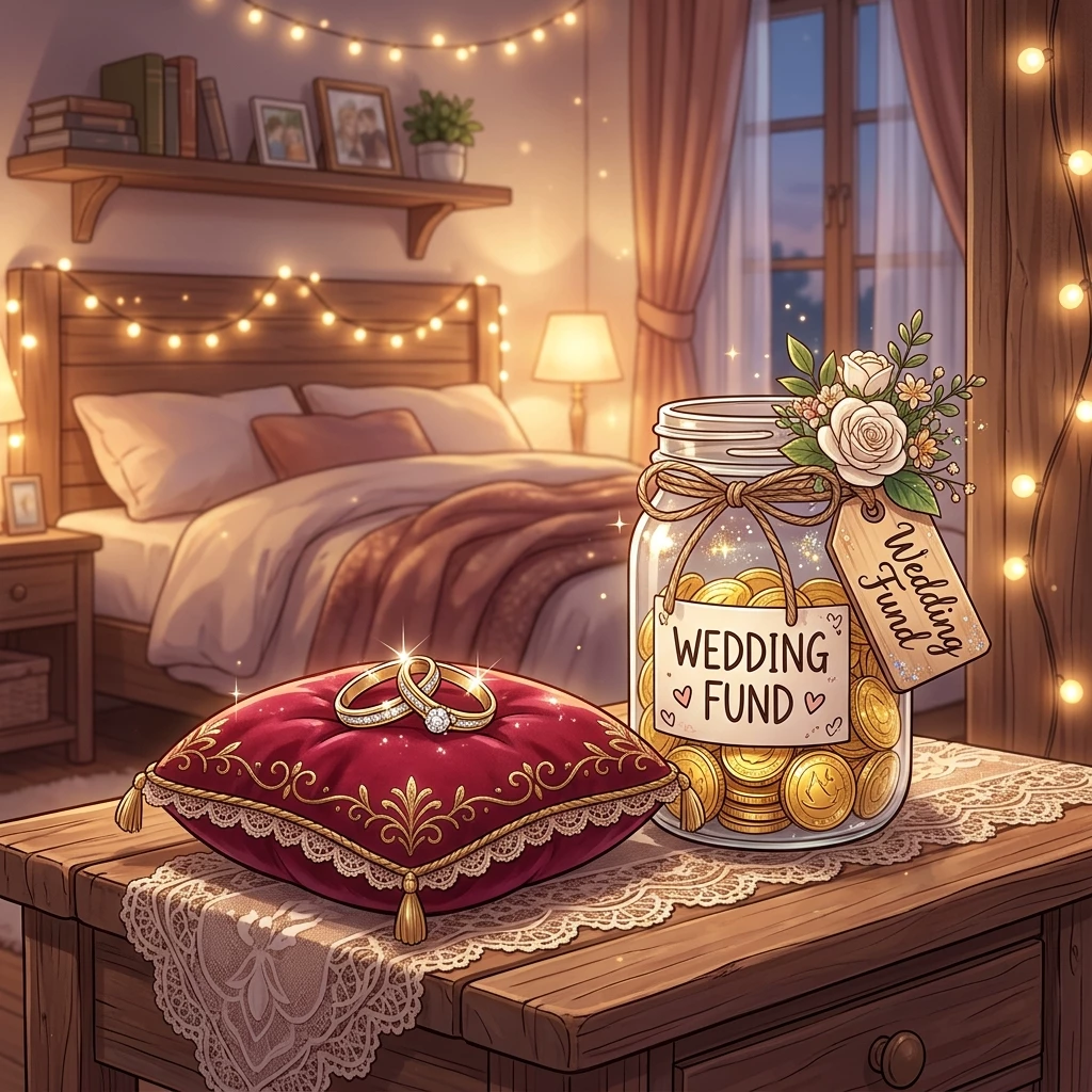Cặp nhẫn cưới lấp lánh đặt cạnh hũ thủy tinh tiết kiệm tích lũy quỹ cưới