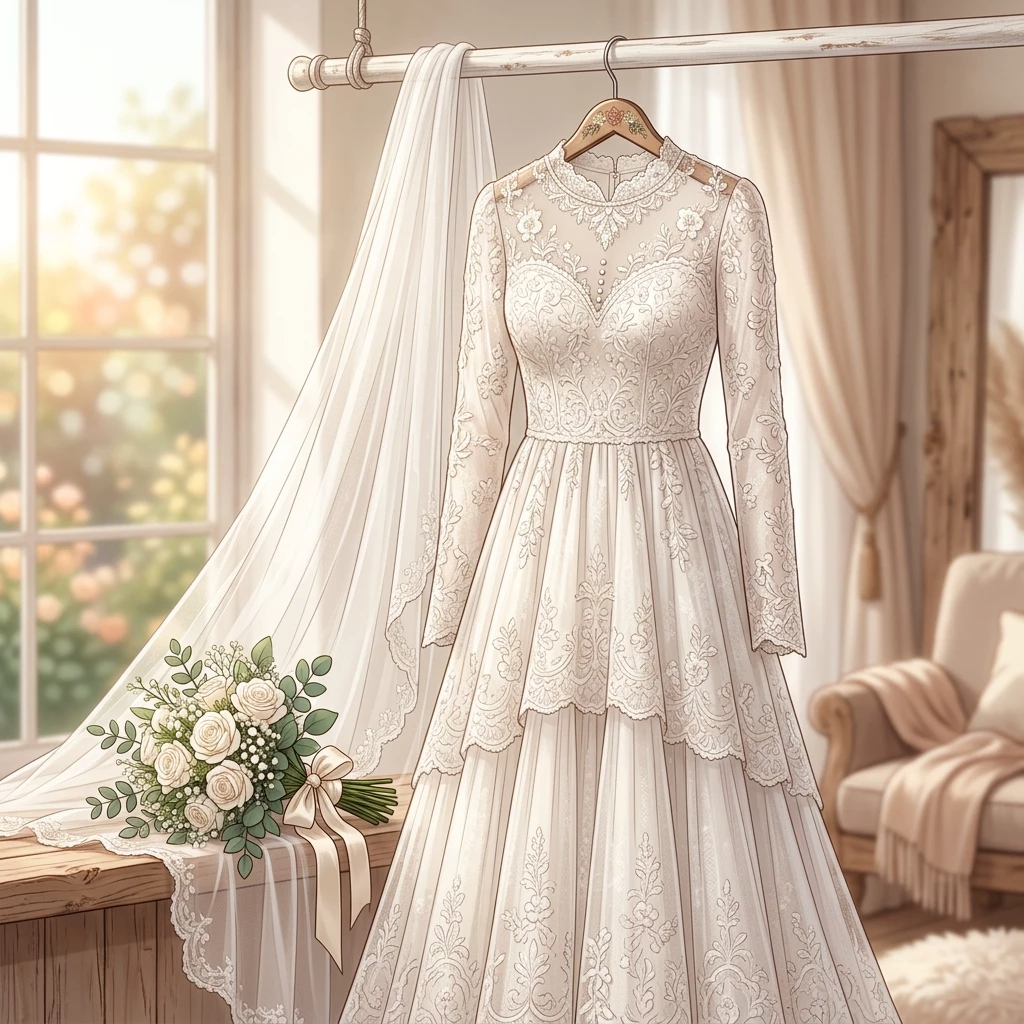 Chiếc váy cưới ren tay dài cổ cao kín đáo và bó hoa hồng trắng thanh lịch treo bên cửa sổ