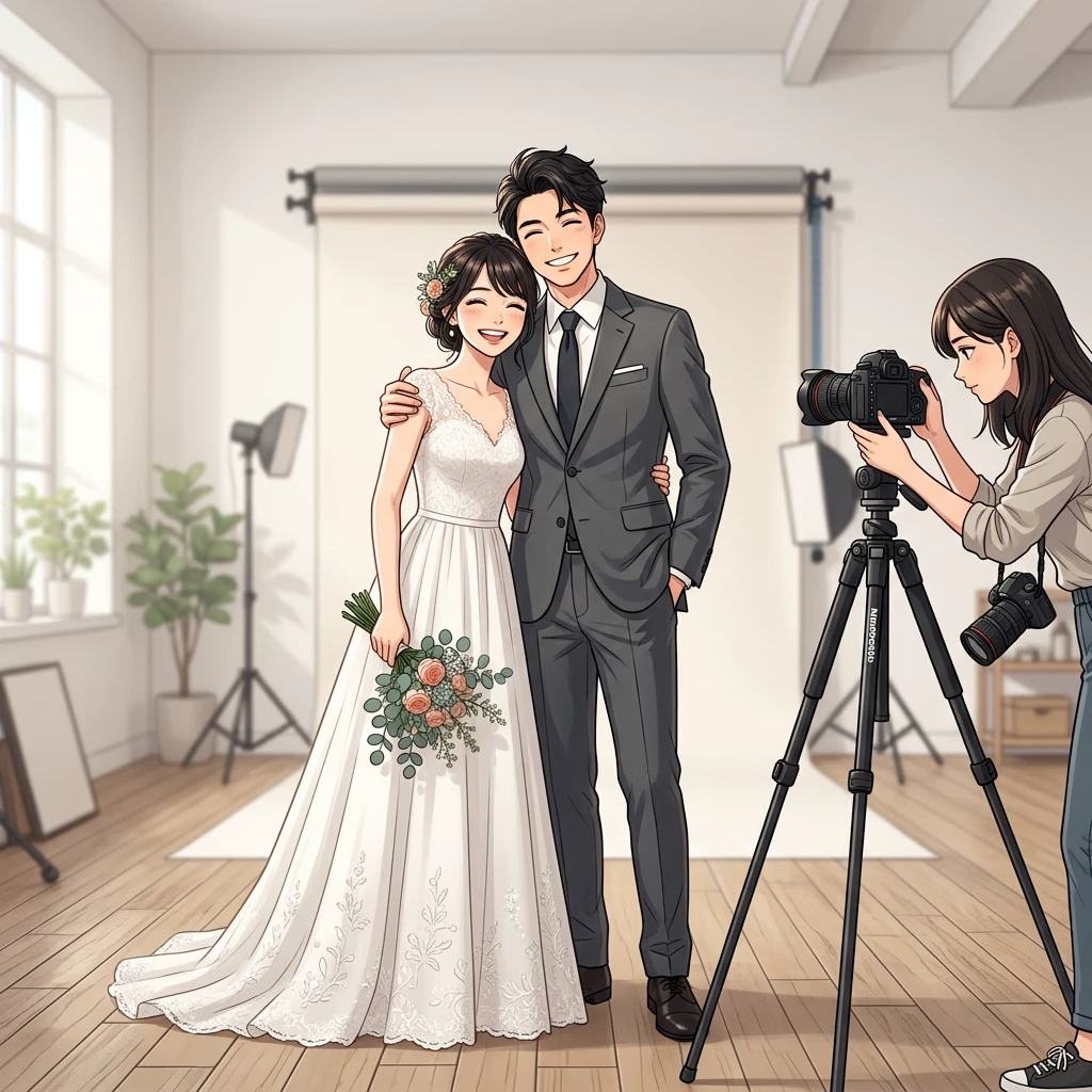 Cặp đôi dâu rể đứng tạo dáng hạnh phúc bên cạnh máy ảnh trên chân đế trong phòng studio