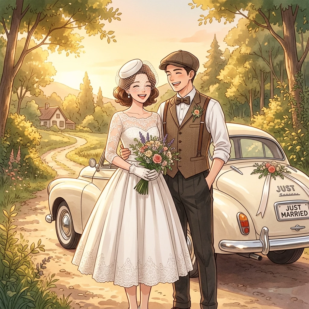Cặp đôi diện đồ cưới vintage ngọt ngào bên xe cổ