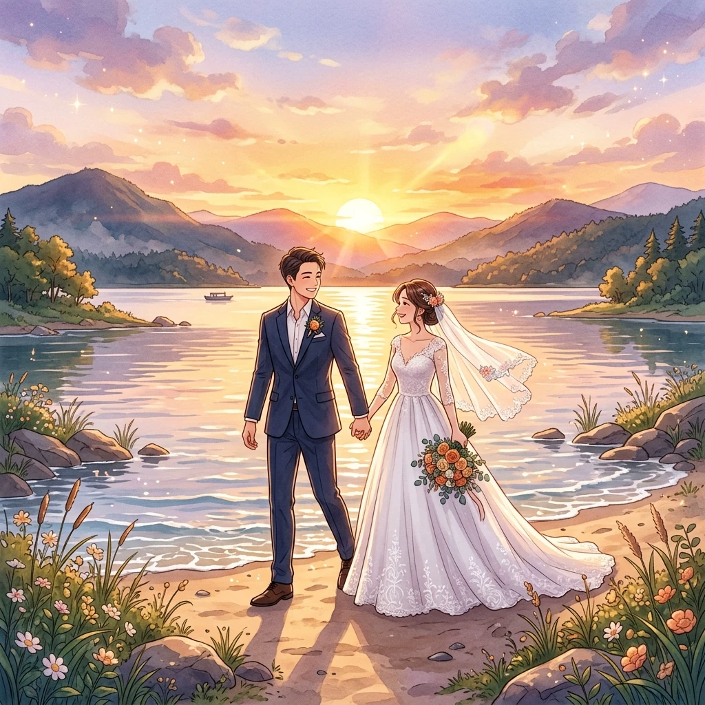 Cô dâu chú rể hạnh phúc nắm tay nhau đi dạo bên bờ hồ thơ mộng dưới ánh hoàng hôn