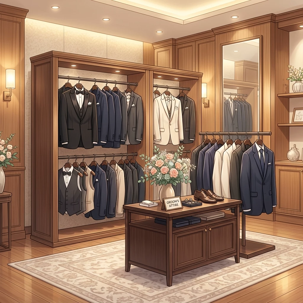 Tủ treo trưng bày vest cưới chú rể sang trọng tại showroom Harmony