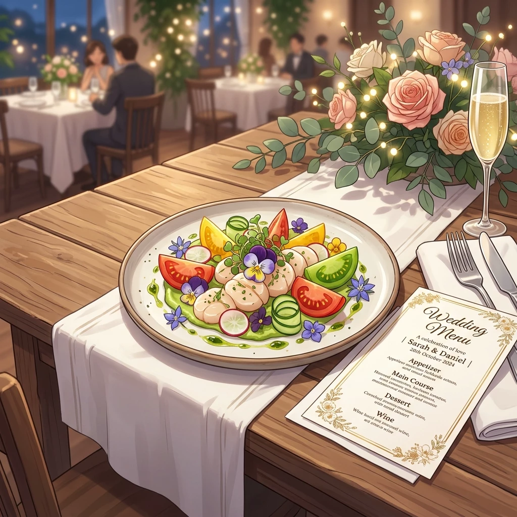 Món ăn tiệc cưới cao cấp được trình bày đẹp mắt bên cạnh menu sang trọng