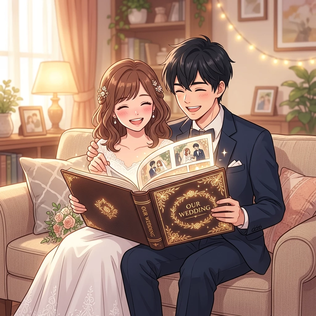 Cặp đôi hạnh phúc xem cuốn album cưới chất lượng cao của mình