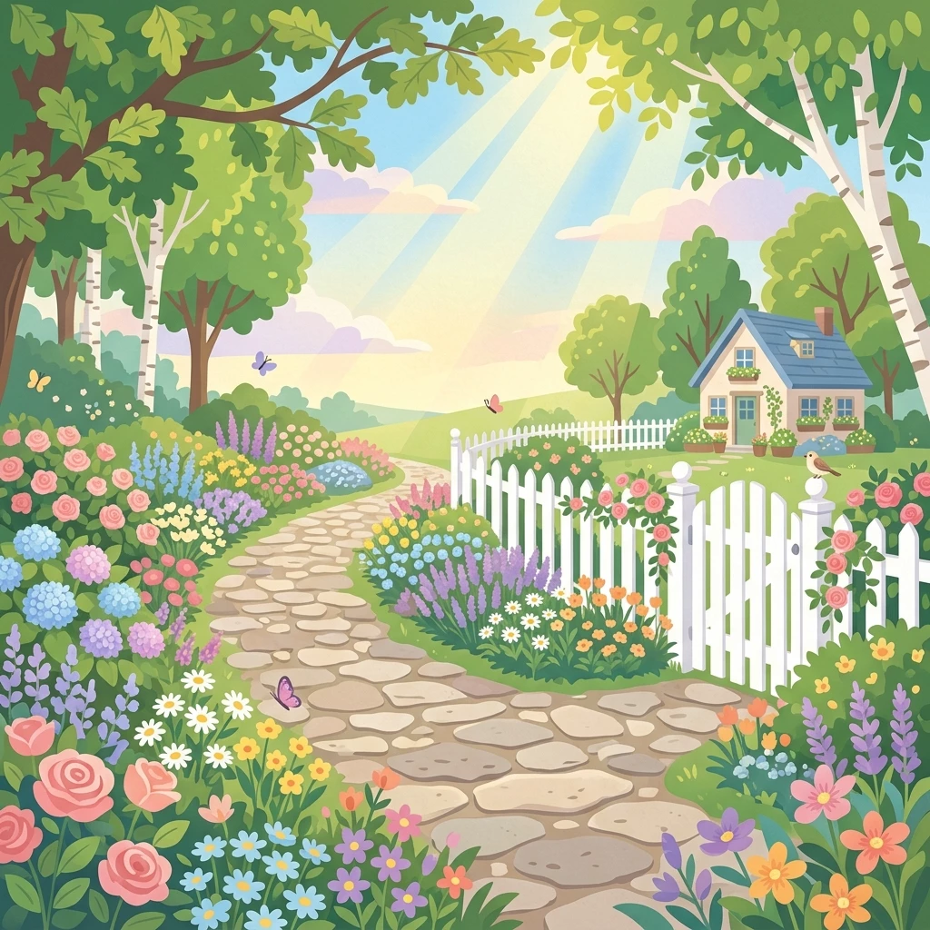 Lối đi lát đá uốn lượn giữa vườn hoa ngập nắng tại Sunny Garden